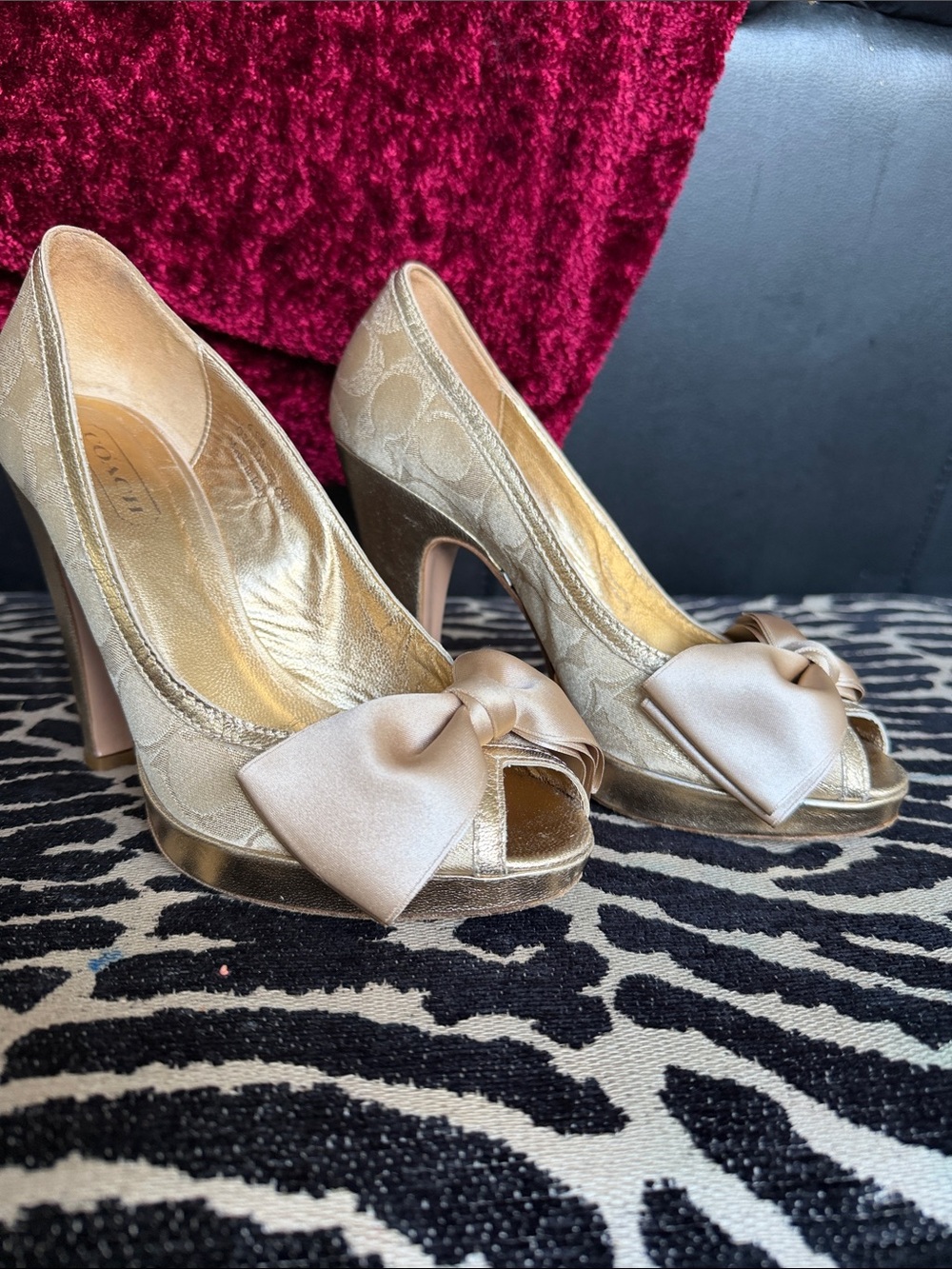 Coach Champagne Satin Peep-Toe Heels with Bow